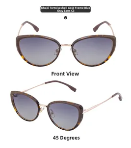 Cat eye sunglasses detail in khaki tortoiseshell frame with blue grey gradient lenses
