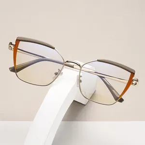 Chic gold cat-eye glasses frame with orange accents and anti-blue light clear lenses
