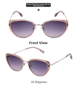 Front and side view of cat-eye sunglasses with purple frames and gradient tea pink lenses