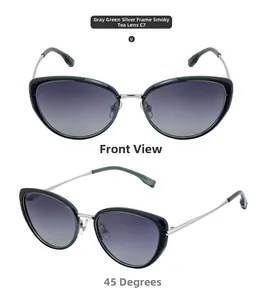 Detailed front and side view of cat-eye sunglasses with grey-green frames and tea lenses
