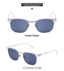 Vue détaillée de lunettes de soleil carrées polarisées avec monture argentée transparente