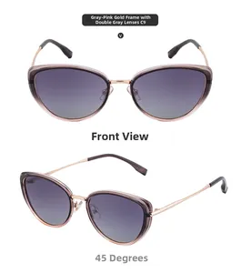 Cat-eye sunglasses with gold metal frame and gradient grey lenses shown in dual views