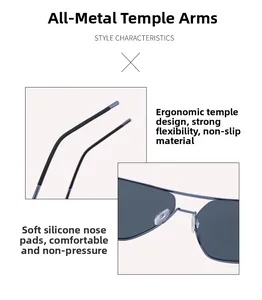 Détail de lunettes de soleil carrées avec branches en métal et plaquettes de nez