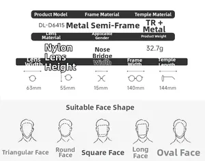Size chart for square semi-rimless sunglasses showing frame dimensions and face shape guide