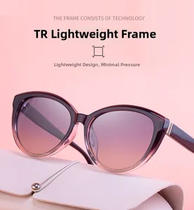Detail of purple gradient cat-eye sunglasses with lightweight TR frame and beige leather case