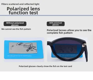 Detailed comparison showing polarized lens effect on a test card with black cat-eye sunglasses