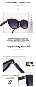 Detail of high-quality reinforced alloy hinges on modern black cat-eye sunglasses