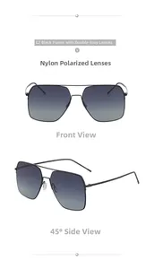 Vue de face et à 45 degrés de lunettes de soleil carrées polarisées avec verres gris