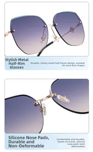 Macro shot of stylish gold metal semi-rimless sunglasses with purple gradient glitter lenses