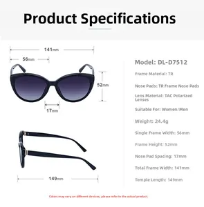 Detailed size specifications for TR cat-eye polarized sunglasses with lens dimensions
