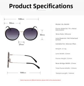 Detailed specs of round polarized sunglasses with TR frame and purple gradient lenses