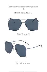 Détail des lunettes de soleil carrées en métal bleu avec verres polarisés en nylon gris