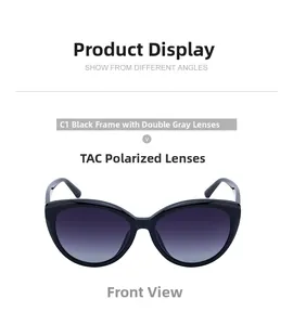 Detailed front view of black cat-eye sunglasses featuring TAC polarized gradient lenses