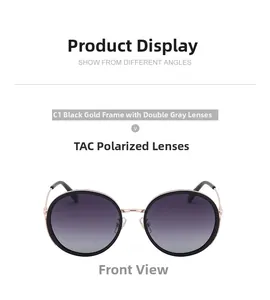 Front view of round black and gold polarising sunglasses with grey gradient TAC lenses