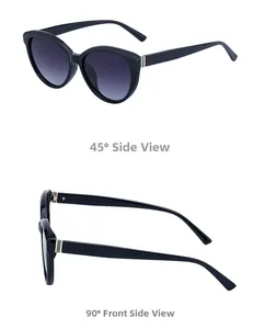 Cat eye sunglasses detail with black frames, purple gradient lenses and gold accents