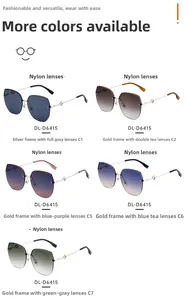 Detail view of square semi-rimless sunglasses in five color variants with nylon lenses