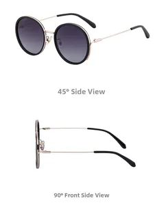 Detail view of round polarized sunglasses with black frames and rose gold metal temples