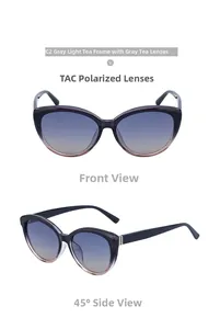 Detailed view of cat eye sunglasses in grey-tea frame with TAC polarized gradient lenses