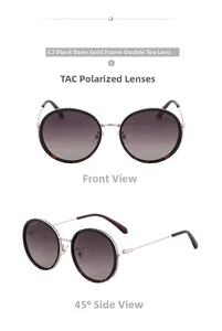 Detail of round polarized sunglasses with tortoise shell frame and gradient brown TAC lenses