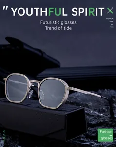 Detail of square gold metal sunglasses on black textured case with sleek spring hinges