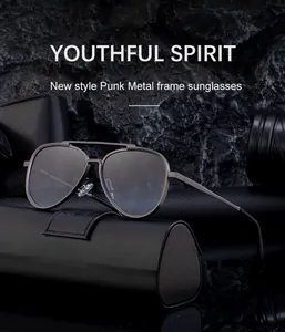 Detail view of punk metal frame sunglasses with double bridge on a leather case
