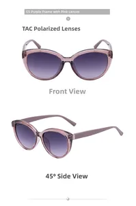 Close-up of cat-eye sunglasses with purple frames and TAC polarized gradient lenses
