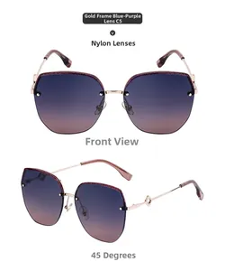 Front and side view of gold frame square sunglasses with blue-purple nylon lenses
