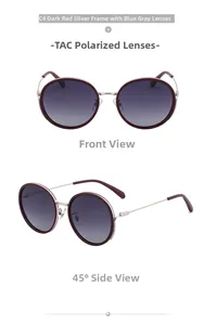 Detail of round sunglasses with dark red frames, silver metal temples and TAC lenses