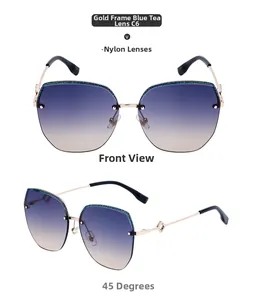 Detail of square semi-rimless sunglasses with gold metal frame and blue-tea nylon lenses