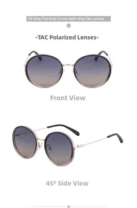 Detail view of round polarized sunglasses with gradient lenses and slim metal gold frames