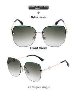 Detail of square semi-rimless sunglasses with gold frames and green glitter trim