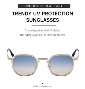 Detail of square gold metal sunglasses with blue-brown gradient lenses and UV protection