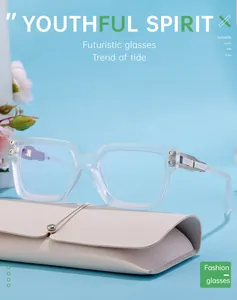 Close-up of futuristic matte translucent square sunglasses with a premium leather pouch