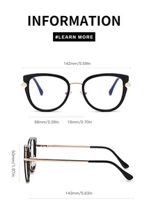 Tabla de tallas para montura de gafas cuadrada cat-eye con ancho total de 142mm y oro