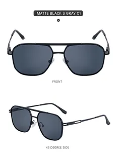 Detailed front and side views of matte black square frame double bridge sunglasses for men