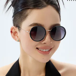 Fashionable round polarized sunglasses with gold metal frame and gradient lenses