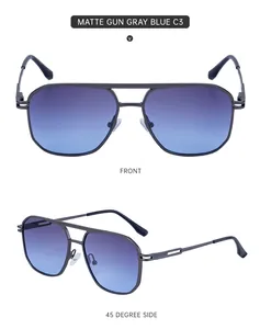 Detailed front and 45-degree side view of matte gun gray pilot sunglasses with blue lenses