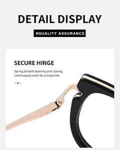 Primer plano de la bisagra de resorte de metal dorado en montura negra de gafas de lujo