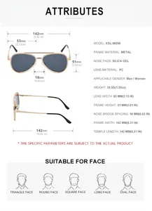 Detailed size chart for aviator sunglasses including frame width and lens dimensions