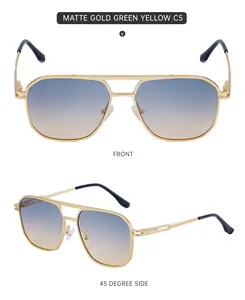 Detail view of matte gold square double bridge sunglasses with gradient blue lenses