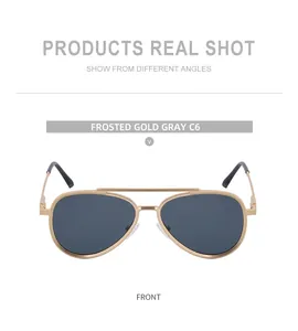 Front view of aviator sunglasses with frosted gold metal frame and dark grey lenses