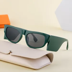 Grüne Katzenaugen-Sonnenbrille mit breiten Bügeln auf Display mit beigem Etui präsentiert