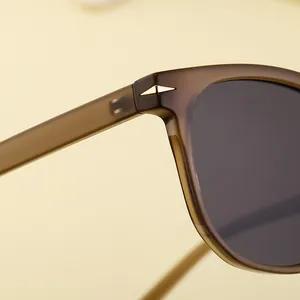 Macro shot of TR90 amber frame hinges with gold wing accents and dark polarized lenses