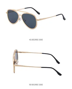 Dual view of aviator sunglasses with gold metal frames and dark grey tinted lenses