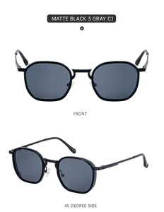 Front and 45-degree side view of matte black square sunglasses with gray lenses