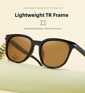 Detail view of lightweight TR90 frame sunglasses with brown polarized lenses and square design