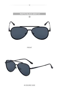 Front and side view of matte black aviator sunglasses with gray polarized lenses