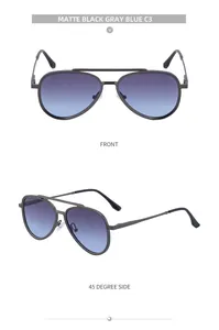 Detailed front and 45-degree side views of matte black aviator sunglasses with blue lenses