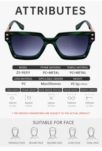 Detailed size chart for oversized UV protection sunglasses with PC and metal frame specifications