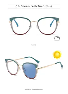Detalle de gafas fotocromáticas que muestran la transición de lentes de claro a azul al sol